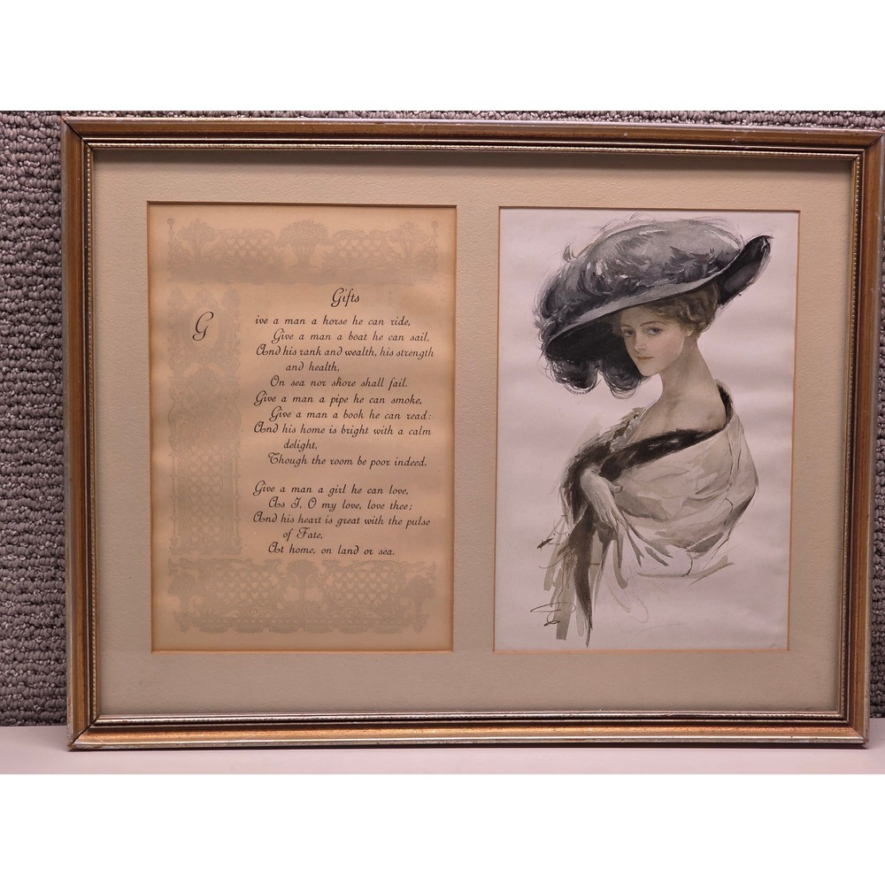 Harrison Fisher Vtg Framed Art Gifts Poem Gibson Girl Portrait Gold Frame 20x16